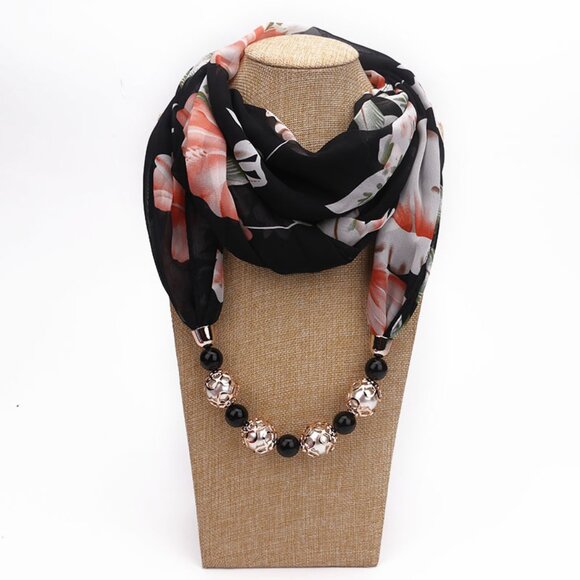 2/$30 Black Floral Beaded Neck Scarf Chiffon Gold Pendant Jewelry Women Gifts - Picture 1 of 5